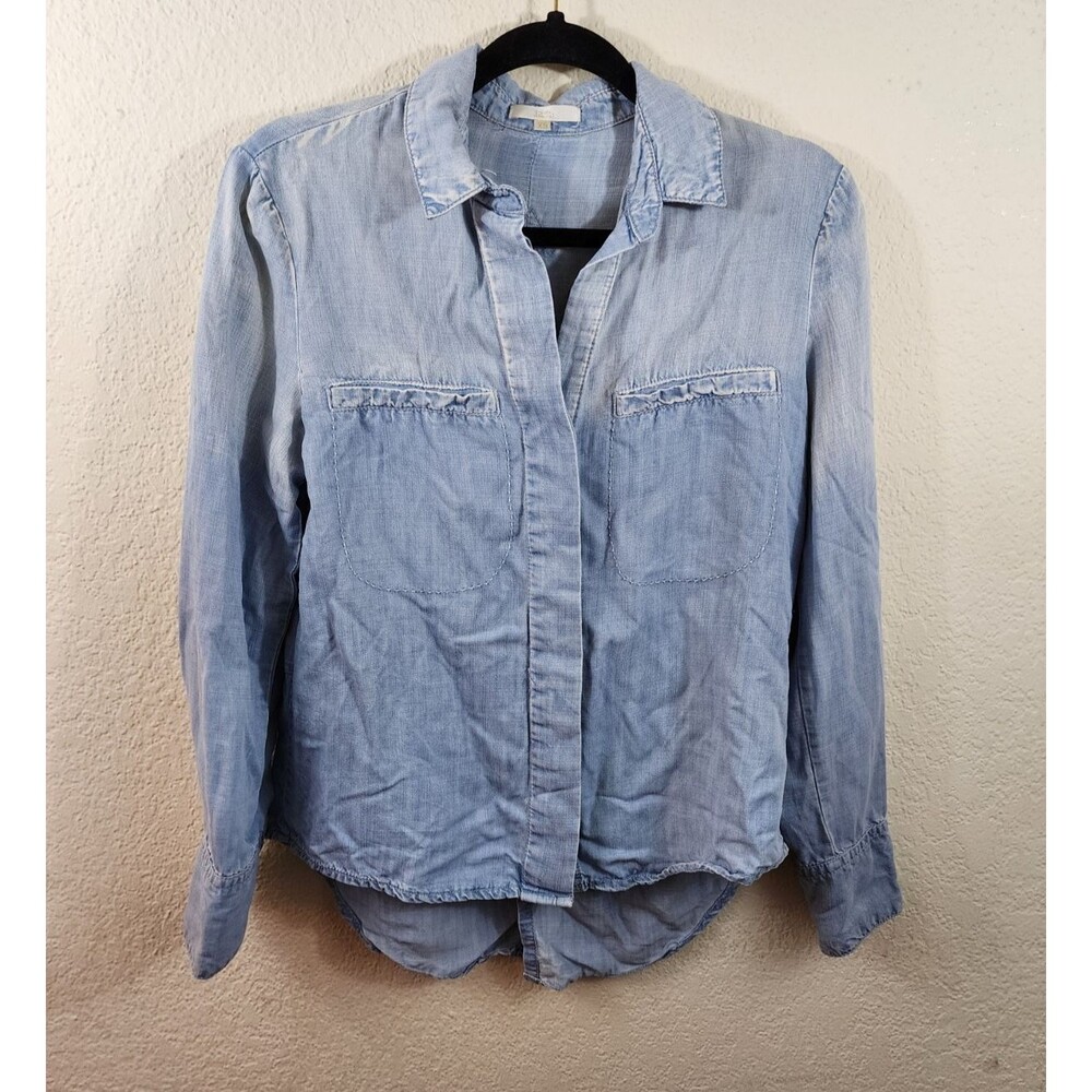 Laju Womens XS Blue Light Wash Chambray Long Roll Tab Sleeve Button Up Blouse